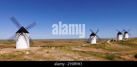 Mehrere weiße Windmühlen verteilen sich über eine große landwirtschaftliche Fläche unter einem klaren blauen Himmel, aus der Vogelperspektive, Alcazar de San Juan, Ciudad Real, Castilla-La Manc Stockfoto