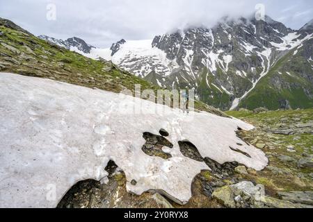 Bergsteiger klettern über ein Schneefeld zur Lapenscharte, Berliner Hoehenweg, Zillertaler Alpen, Tirol, Österreich, Europa Stockfoto