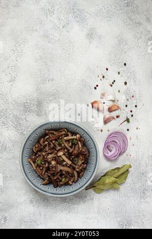 Eingelegte Honigpilze, in einer Schüssel, hausgemacht, Blick von oben, keine Leute Stockfoto