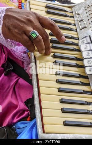 Die Hände des Akkordeonisten spielen auf der Tastatur seines Instruments während einer Aufführung und populären Party auf den Straßen Brasiliens, Belo Horizonte, Minas Ger Stockfoto