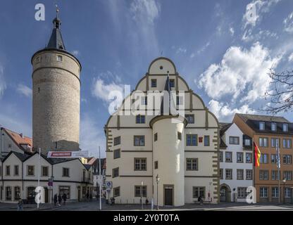 Altes Rathaus und Falterturm, spätmittelalterlicher Turm der Stadtbefestigung, um 1480, Falterstraße, Kitzingen, Unterfranken, Bayern, G Stockfoto