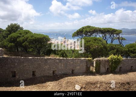 Blick über die Dächer von Saint Tropez mit der Kirche Notre-Dame de l'Assomption, dahinter die Bucht von Saint Tropez mit zahlreichen Booten, Saint Tropez, P Stockfoto