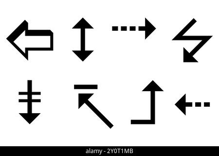 Pfeilsymbole. Richtungssymbole. Schwarze Vektorgrafiken. Einfache Navigationselemente. Stock Vektor