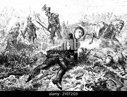 Schlacht von Quatre-Bras 1815, Tod des Herzogs von Braunschweig, Schlacht, preußische Armee, Chaos, Sterben, Soldaten, Pferd, Waffen, Wallonien, Belgien, Hi Stockfoto