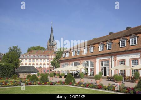 Barocke Orangerie mit Lustgarten und Schlossturm, Erbach, Hessen, Odenwald, Deutschland, Europa Stockfoto