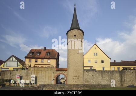 Haupttor mit historischer Stadtmauer und Tor zur Maingasse, Stadtturm, Karlstadt, Bayern, Deutschland, Europa Stockfoto