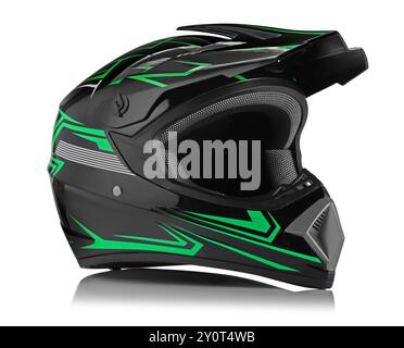 Neuer stylischer Motorradhelm isoliert auf weiß Stockfoto