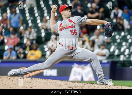 Miwaukee, Usa. September 2024. Der St. Louis Cardinals Pitcher Ryan Helsley wirft am Dienstag, den 3. September 2024, im elften Inning des MLB-Spiels zwischen den St. Louis Cardinals und den Milwaukee Brewers im American Family Field in Milwaukee, WI. Foto: Tannen Maury/UPI. Quelle: UPI/Alamy Live News Stockfoto