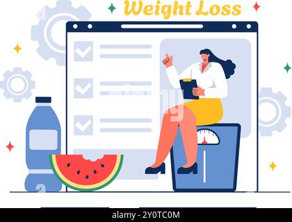 Weight Loss Vector Illustration der Körper-Transformation einer Frau, die Fitness, Sport, Ernährung und einen gesunden Lebensstil in einem Stil Hintergrund betont Stock Vektor