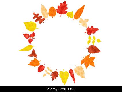 Runder Rahmen aus Herbstblättern in verschiedenen Formen und Farben. Die Blätter sind mit der Textur von farbigen Bleistiften gefüllt. Pfirsichfarben, gelb, orange, rot, br Stockfoto