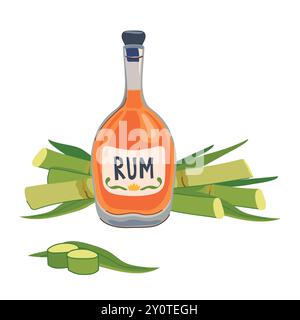Eine Flasche Rum mit Zuckerrohr. Vektor. Alkoholisches Getränk und Kochzutat. Süße Pflanze und Flüssigkeit in flachem Stil auf weißem Hintergrund. Stock Vektor