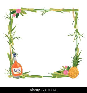 Quadratischer Vektor-Rahmen mit Rum-Flasche, Ananas und tropischen Blumen. Vorlage für Text. Illustration für Strandbar-Menü. Kreuzfahrturlaub, Sommerurlaub Stock Vektor