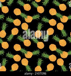 Nahtloses Vektor-Muster mit Ananas auf schwarzem Hintergrund. Ideal für Textildruck und Urlaubsbekleidung im hawaiianischen Stil. Party-Design für den Sommer. Tropisch Stock Vektor