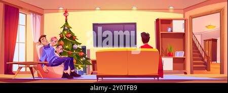 Familie im Wohnzimmer mit Weihnachtsbaum zu Hause. Vater schläft auf der Couch in der Nähe des fernsehens. Bruder und Schwester feiern zusammen Weihnachten in der Wohnung. Lounge mit Sessel, Fernseher und Weihnachtsdekoration Stock Vektor