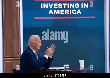 Washington, Usa. September 2024. US-Präsident Joe Biden kommentiert die Auftaktveranstaltung der Content-Serie Investing in America im South Court Auditorium in Washington, DC, USA, am 3. September 2024. Foto von Chris Kleponis/Pool über CNP/ABACAPRESS. COM Credit: Abaca Press/Alamy Live News Stockfoto