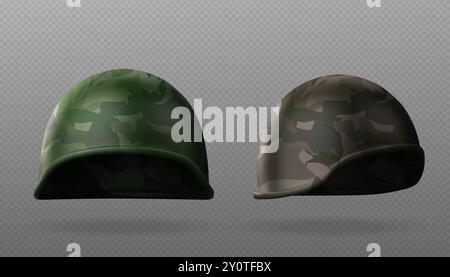 Realistischer Militärhelm isoliert. Armee-Ausrüstung für Soldatenhut-Mockup mit Tarnset. 3D Warrior Safe and Battle Defense Camouflage-Accessoire für die Vorlagensammlung für Kampfspiele Stock Vektor