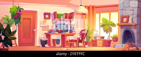 Im Studentenzimmer mit Kamin. Vektor-Cartoon-Illustration des Home Office Arbeitsplatzes mit Pflanzen, Bücherstapeln und Ordnern in der Nähe von Desktop-Computer, Papiere auf dem Boden, Raum mit Arbeitsbereich durch Fenster Stock Vektor