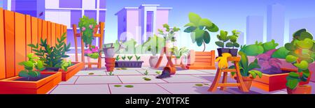 Hausterrasse auf dem Dach mit Garten. Karikaturvektor des Balkons auf dem Wolkenkratzerdach der Stadt mit Pflanzen mit grünen Blättern und Blumenblüte im Topf und Gartenwerkzeugen auf Stadtgebäudehintergrund. Stock Vektor