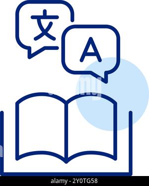 Offenes Buch mit Sprechblasen in verschiedenen Sprachen. Wörterbuch, Studium und globale Kommunikation. Symbol für Pixelperfekte, bearbeitbare Kontur Stock Vektor