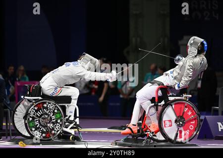 Paris, Frankreich. September 2024. Illustration des Rollstuhlfechtes bei den Paralympischen Spielen 2024 während des Bronzemedaillenwettbewerbs am 3. September 2024 im Grand Palais für Paralympische Spiele von Paris 2024. Foto: Tomas Stevens/ABACAPRESS. COM Credit: Abaca Press/Alamy Live News Stockfoto