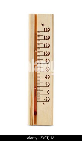 Holzthermometer isoliert auf weißem Hintergrund Stockfoto