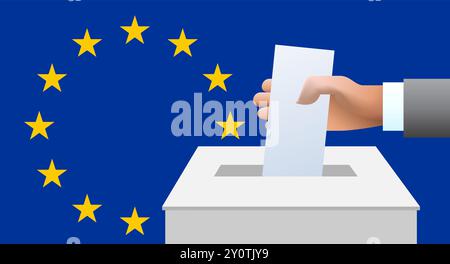 Mann, der Wahlurnen in eine Wahlbox legt, vor der Flagge. Vektor-Illustration des Abstimmungskonzepts der europäischen union. Stock Vektor
