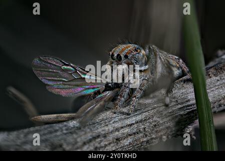 Eine männliche Pfauenspinne, Maratus flavus, ernährt sich von einer fliegenden Ameise. Stockfoto