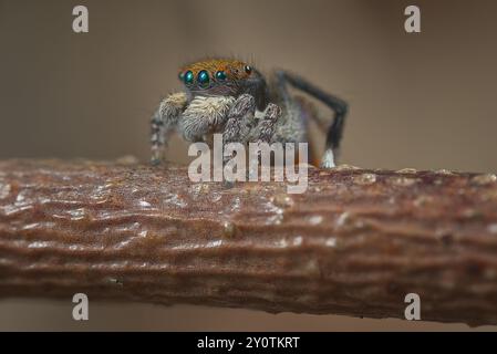 Pfauenspinne. Ein männlicher Maratus clupeatus in seinen Brutfarben. Stockfoto