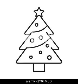 Schwarz-weiße minimalistische Illustration eines Weihnachtsbaums mit einem Stern und einfachen Ornamenten. Ideal für Designs mit Urlaubsthemen, die sich auf eine saubere und moderne Ästhetik konzentrieren... Stock Vektor