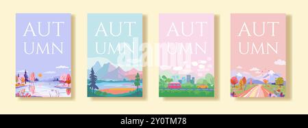 Eine Sammlung von vier Vektorplakaten, die jeweils eine andere Herbstlandschaft zeigen. Die Poster zeigen Naturszenen mit Bäumen, Bergen und Straßen in einem flachen Design und einer weichen Farbpalette, ideal für saisonale Werbung oder dekorative Kunst. Stock Vektor