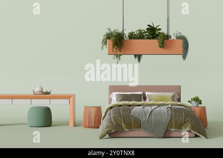 Modernes Bett, ergänzt durch einen einzigartigen Pflanzenhalter und passende Dekoelemente für eine frische, ruhige Atmosphäre. Möbelgeschäft Konzept. Innenraum Stockfoto