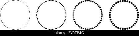 Gepunktete Kreissymbole gesetzt. Gepunktete Rundlinien. Ringrahmen konstruieren. Geometrische Schwarzweißform. Musterkreis. Vektorillustration isoliert auf weiß Stock Vektor