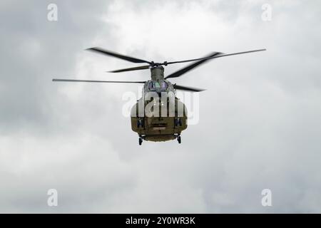 Der Boeing Chinook Dual Rotor Heavy Lift Hubschrauber ZH902 von 18 Squadron zeigt sich auf der RIAT Military Air Show in England Stockfoto