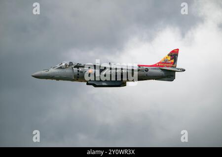 McDonnell Douglas AV-8B Harrier II 01924 von der 9. Spanischen Marine Escuadrilla schweben während einer großartigen Show auf dem RIAT über der Landebahn Stockfoto