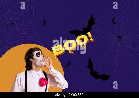 Composite Photo Collage des verrückten Caballero Guy Scream Boo halloween gruselige Feiertags Fledermaus Spinnennetz okkult isoliert auf gemaltem Hintergrund Stockfoto