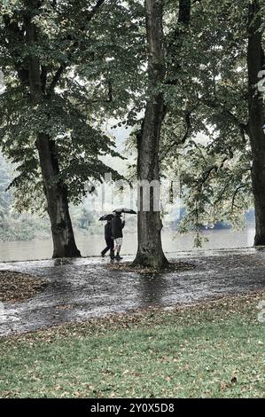 Ein Paar unter Regenschirmen, die im Regen am River Ribble in Preston spazieren gehen Stockfoto