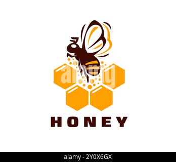 Honigbienenikone, Imkerei und Imkereiprodukte Emblem. Isoliertes Vektoretikett mit einer Biene in gelben sechseckigen Kämmen und kräftigem braunem Text, das Themen Natur, Landwirtschaft und Nachhaltigkeit betont Stock Vektor