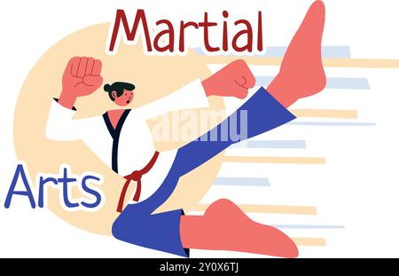 Martial Arts Vector Illustration mit einem Athleten, der eine High Kick Übung macht, Karate übt oder Kampfpositionen in einem flachen Hintergrund ausführt Stock Vektor