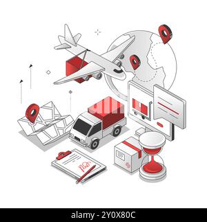 Transportlogistik – Abbildung der roten und schwarzen isometrischen Linie Stock Vektor