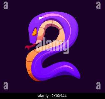 Nummer zwei Halloween-Schriftart, böse Zeichentrickschrift, lustige Gruselschrift, gruseliges Alphabet. Zahlensymbol Nummer 2 als unheimliche Schlange mit aufsteckender Zunge. Isolierte Vektorviper oder abc-Typografie-Stelle der Schlange Stock Vektor