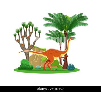 Cartoon prähistorische Dinosaurierfigur, Pelecanimimus im Dschungel Wald, Vektor Jurassic Park Spielzeug. Prähistorischer Dinosauriercharakter von Pelecanimimus dino für die Sammlung von prähistorischen Echsen und Reptilien Stock Vektor