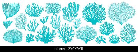 Korallen und Algen des Meeres und Ozeans in Silhouetten oder Prägungen, Vektorsymbolen. Unterwasser- oder Unterwasserpflanzen von Korallenriffen, Korallen und Actinia-Wasserblumen als Muster oder Dekoration Stock Vektor