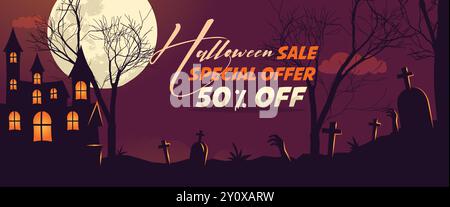 Happy Halloween Banner oder Party Einladung Hintergrund mit Wolken, Fledermäusen und Vektor Illustration. Vollmond am orangefarbenen Himmel Stock Vektor