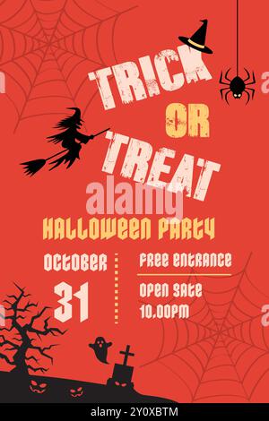 Happy Halloween Party Poster Vektor, Friedhof, Süßigkeiten und gruseligen Kürbis. Art Cover Horror Night. Happy halloween Banner, halloween Banner Vektor Stock Vektor