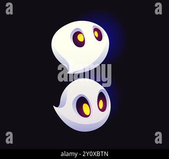 Halloween-Geisterschrift, Doppelpunktionszeichen. Böse Zeichentrickfigur, lustige gruselige Schrift, gruseliges Monster-Alphabet-Symbol. Isolierter Vektor zwei süße Geister, Seelen oder Phantome, abc Typografie Glyphen Stock Vektor