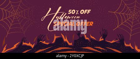Happy Halloween Party Poster Vektor, Friedhof, Süßigkeiten und gruseligen Kürbis. Art Cover Horror Night. Happy halloween Banner, halloween Banner Vektor Stock Vektor