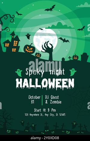 Happy Halloween Party Poster Vektor, Friedhof, Süßigkeiten und gruseligen Kürbis. Art Cover Horror Night. Oktober 31 Feiertagsabend Werbekunstwerk Stock Vektor