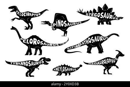 Dinosaurier-Silhouetten mit Dino-Namen von Echsen aus der jurassischen Ära, Vektorsymbolen. Prähistorische Dinosaurier-Silhouetten mit Artenbezeichnungen für T-rex tyrannosaurus und Velociraptor Stock Vektor