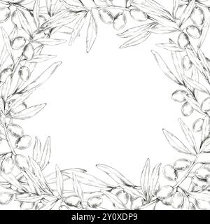 Ein detailliertes Clipart aus Olivenzweigen, die einen quadratischen Rand bilden. Perfekt für die Gestaltung von Rahmen, Rahmen für Einladungen, Verpackungsdesign oder Waren mit natürlichem Element Stockfoto