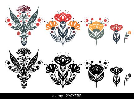 Vektorsatz dekorativer floraler bunter und monochromer Cliparts isoliert vom weißen Hintergrund. Geometrisch verzierte Blumenillustrationen mit Laub Stock Vektor